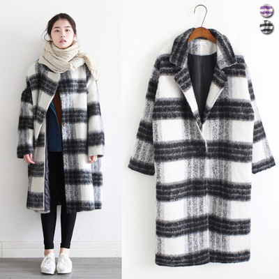 冬季新款韩版复古中长款羊毛呢格子大衣翻领宽松大码呢子外套女潮