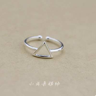 新款S925纯银韩版镂空几何三角形简约气质百搭戒指尾戒指环
