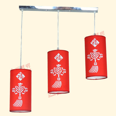 中式现代田园风客厅餐厅筒形三头吊灯 红色中国结仿羊皮鱼线吊灯