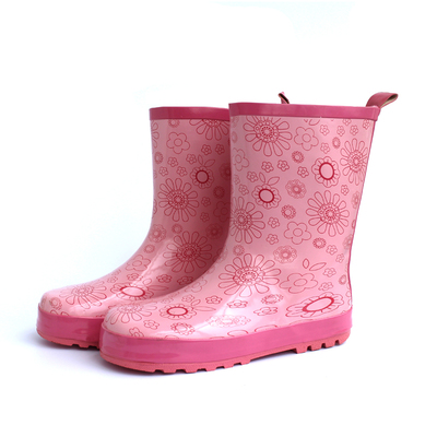 雨鞋女式天然橡胶材质雨靴粉色花朵大小女孩儿童中筒防水套鞋包邮