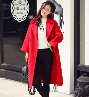 2016秋冬新款西装领红色宽松毛呢外套女韩版中长款九分袖加厚大衣