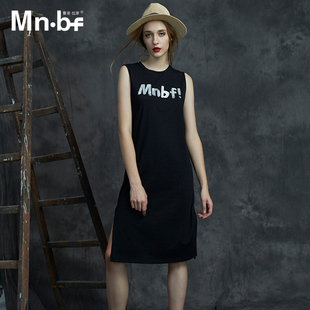曼诺比菲 mnbf2016夏季纯色H型无袖宽松款连衣裙 分叉裙