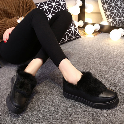 2015冬季新品甜美潮学生鞋圆头平底平跟短筒套筒兔毛装饰保暖女鞋