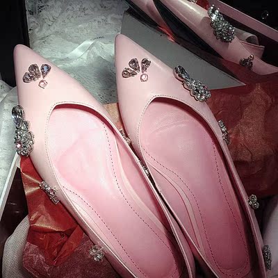 2016春欧美时尚水钻花朵尖头真皮梦幻公主系平底单鞋