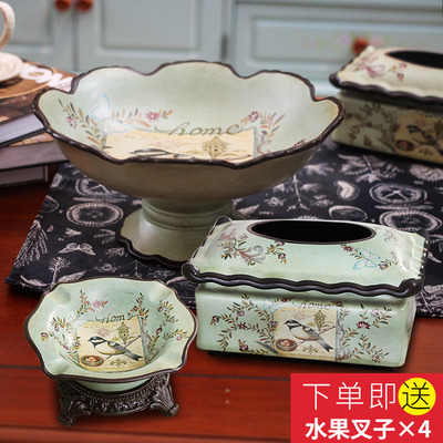 美式田园陶瓷复古大号水果盘欧式创意家用客厅茶几干果盘套装摆件