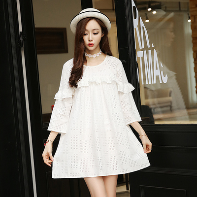 2016韩版常规七分袖圆领通勤白色套头日韩系新款时尚中长款连衣裙