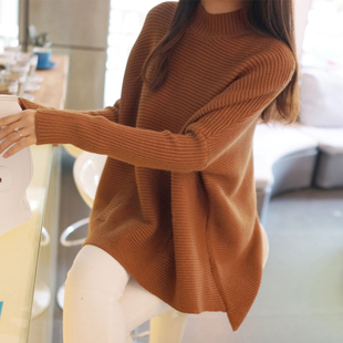 2016秋冬装新款韩版开半高领宽松套头蝙蝠针织衫中长款长袖毛衣女