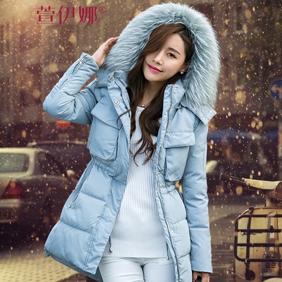 萱伊娜2015冬装新款女装棉外套韩版中长款连帽仿真超大毛领长袖加