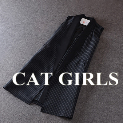 2015春英伦女装修身黑色无袖西服马夹韩版大码中长款竖条纹马甲女