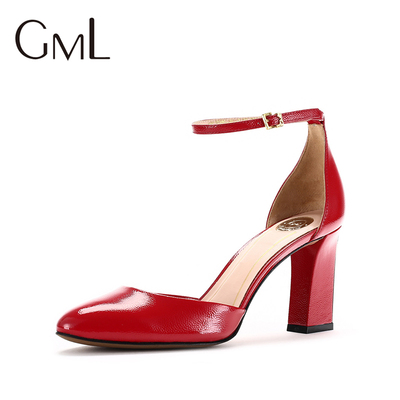 GML女鞋高跟鞋婚鞋珍珠纹牛漆皮优雅细带粗跟单鞋15020