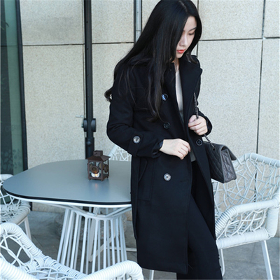 2015秋冬新款韩版双排扣加棉加厚羊绒黑色超长款毛呢子大衣外套女
