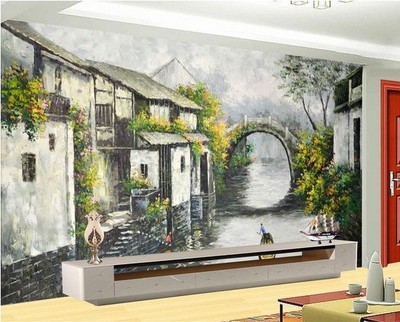 江南水乡建筑风景壁纸 客厅电视背景墙纸3D大型壁画中式水墨油画