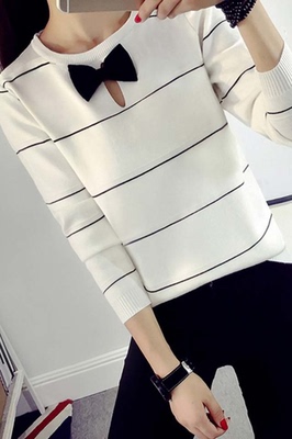 2015秋冬新款韩版条纹打底毛衣女针织衫修身显瘦套头长袖上衣