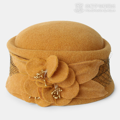 【花芊】羊毛毛线帽子可折叠盆帽韩版针织帽花朵保暖优雅秋冬女