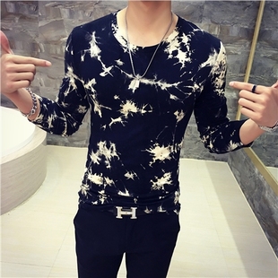 2016秋季男士长袖t恤圆领韩版修身男青少年时尚打底衫印花体恤潮T