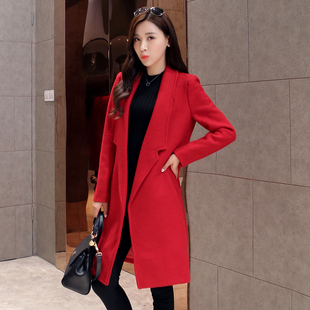 2015秋冬新款韩版女式修身中长款毛呢大衣风衣外套Z6003