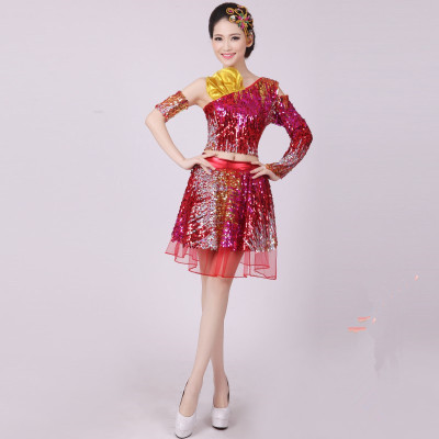 2015新款亮片现代舞表演服装玫红色女式套装开场舞广场舞演出服