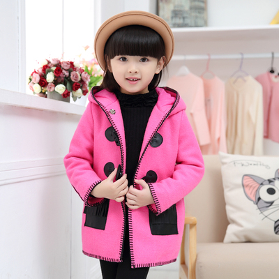 女童毛呢外套2015冬装韩版中小童卡通呢子大衣加棉休闲外套中长款