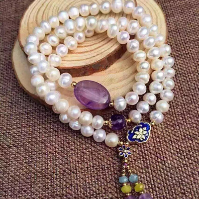 【耐梅】天然正品淡水珍珠配紫水晶女士转运手链礼物保修