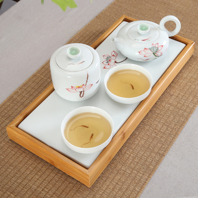 秦艺手绘陶瓷竹制茶盘功夫茶具套装整套旅行日式便携一壶两杯干泡