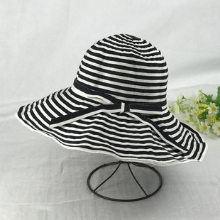黑白条纹蝴蝶结布帽女夏天出游度假防晒遮阳帽大檐可折叠太阳帽子