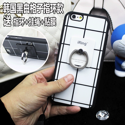 黑白格子iPhone6S手机壳带指环苹果6plus硅胶套4.7寸外壳带挂绳脖