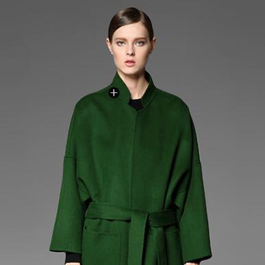 欧美原创新款女加长款风衣双面呢大衣外套绿色腰带