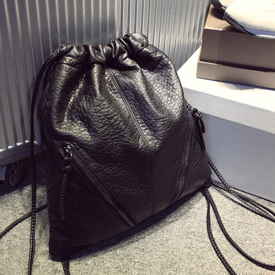 2016年新款时尚精品女包韩版黑色水洗皮背包双肩包多用包包