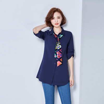 2016新韩版女士精品衬衫中长款长袖百搭POLO领潮女修身衬衣配领巾