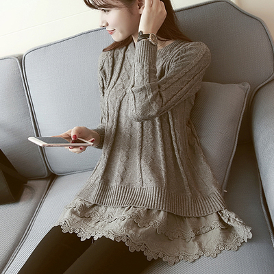 秋冬新款 大码女装针织蕾丝毛衣裙 打底衫韩版中长款显瘦拼接毛衣