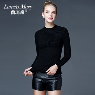 兰玛莉2015冬季套头中长款高档圆领黑色针织衫毛衫打底衫毛衣女