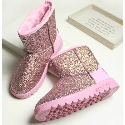 2015冬季新款 欧美风粉色圆头平底套筒短筒女款亮片雪地靴