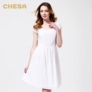 CHESA2015新款圆领短袖连衣裙夏 纯棉显瘦修身白色镂空时尚连衣裙