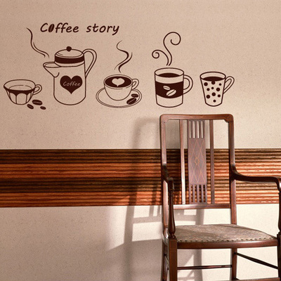 咖啡屋故事墙贴 咖啡壶标识贴画 餐厅厨房瓷砖防水可移除贴纸壁画