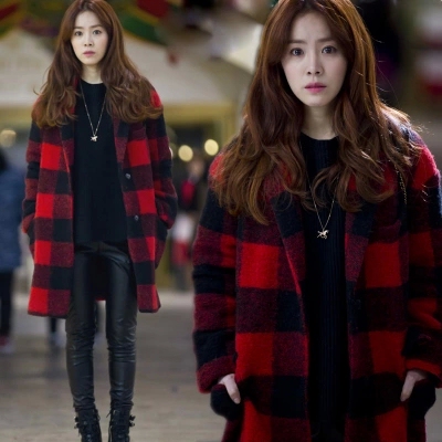 2015秋冬款韩版新款女装中长款宽松羊毛大衣红格子毛呢外套