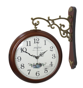 欧式实木双面挂钟 田园创意两面钟表 简约静音客厅丽声机芯挂表