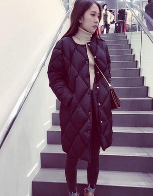 2015冬装新款韩版菱形格加厚羽绒面包服棉衣大码棉袄中长款外套女