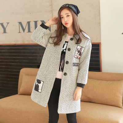 2015韩版女装冬季新款潮流个性刺绣毛呢棒球服时尚休闲中长款外套