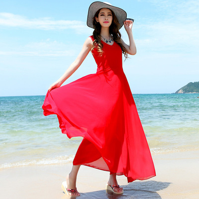 沙滩裙 海边度假 红色女神范连衣裙雪纺长裙韩版女装裙子无袖大摆