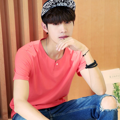 新款夏季男短袖T恤圆领 韩版修身粉色艺雅痞纯色弹力西瓜红男T恤