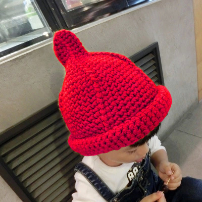新款儿童帽子秋冬针织毛线帽宝宝单色卷边竖条纹大号奶嘴帽包邮