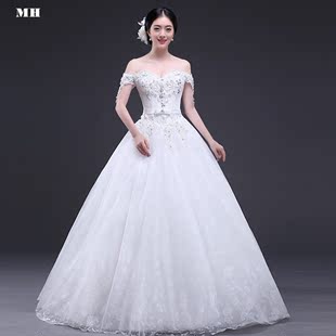 夏新款韩式婚纱礼服齐地新娘修身简约一字肩结婚绑带蕾丝婚纱
