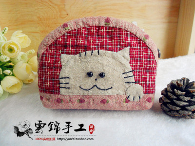 【孤品】包邮手工DIY纯手缝拼布可爱猫咪贝壳包零钱包收纳包