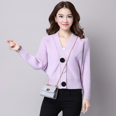 2016年韩版时尚新款女装针织毛衣3粒大纽扣V领蝙蝠袖开衫外套上衣