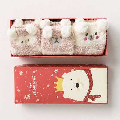 2016秋冬新品地板袜盒装 圣诞熊系列绒毛半边绒3双装礼盒袜子