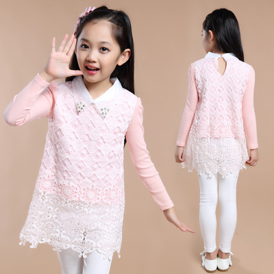 童装秋装2015新款大童方格蕾丝韩版上衣儿童打底衫包邮