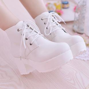 秋冬季韩版新款黑白色厚底中跟粗跟低帮短靴女式女款女版单鞋靴子