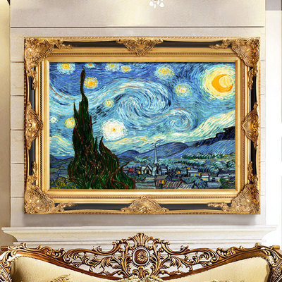 梵高名画星空 手绘现代欧式抽象风景油画 客厅装饰画玄关壁画挂画