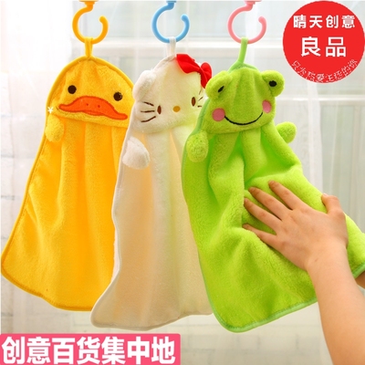 韩国可爱擦手巾挂式珊瑚绒卡通吸水加厚厨房批发面巾毛巾浴室厕所