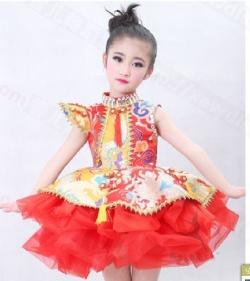 新款六一儿童演出表演服女童纱裙中国风旗袍舞台服龙袍蓬蓬裙精致